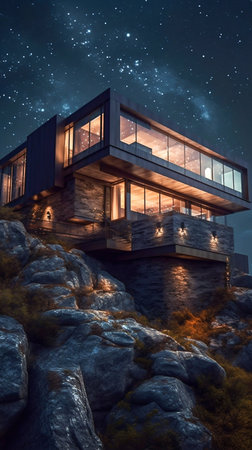 Illuminated Exterior of Modern Architecture in Rock at Night Time. Generative AI. high quality illustrationの素材