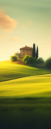 House Standing on a Green Field, Italian Landscapes. Generative AI. high quality illustrationの素材