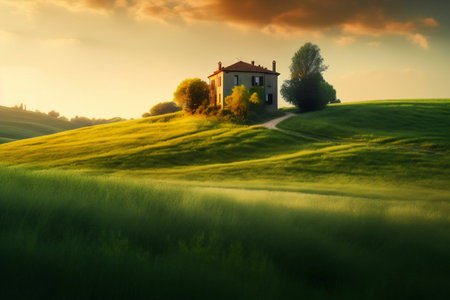 House Standing on a Green Field, Italian Landscapes. Generative AI. high quality illustrationの素材