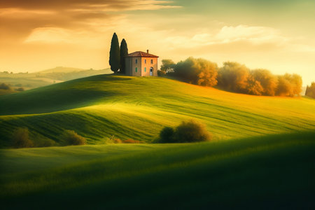 House Standing on a Green Field, Italian Landscapes. Generative AI. high quality illustrationの素材