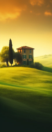 House Standing on a Green Field, Italian Landscapes. Generative AI. high quality illustrationの素材