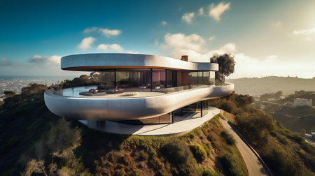 Modern Architectural Mansion with Pool on the Top of a Sinuous Hill. Generative AI. high quality illustrationの素材