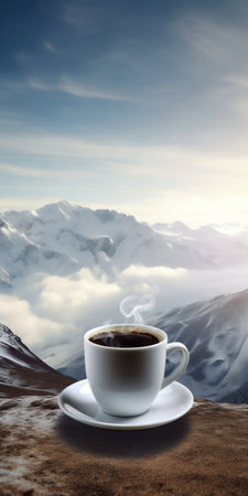Cup of Coffee Above Mountains in Snow. Generative AI. high quality illustrationの素材