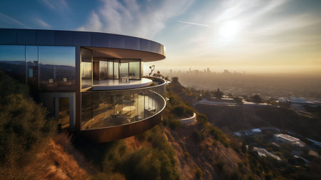 Modern Architectural Mansion with Pool on the Top of a Sinuous Hill. Generative AI. high quality illustrationの素材