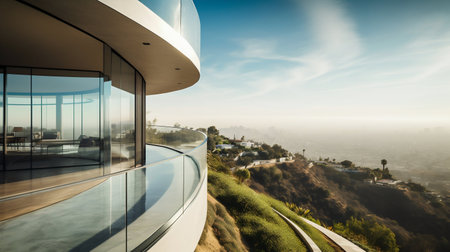 Modern Architectural Mansion with Pool on the Top of a Sinuous Hill. Generative AI. high quality illustrationの素材