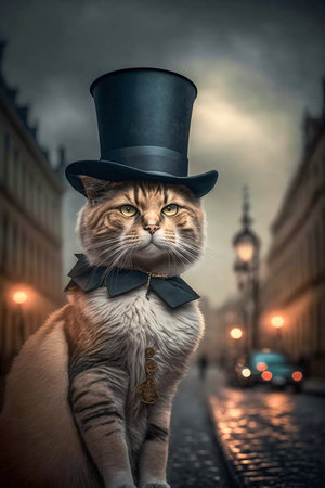 Victorian cat with a top hat posing on the streets of old London. Generative AI. high quality illustrationの素材