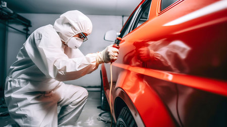 Person Spray Painting Car in Red Color in Special White Painting Box, Wearing Protective Gear. Generative AI. high quality illustrationの素材