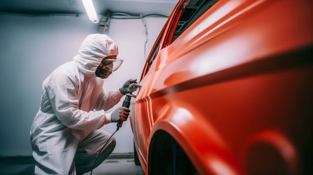 Person Spray Painting Car in Red Color in Special White Painting Box, Wearing Protective Gear. Generative AI. high quality illustrationの素材