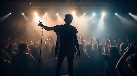 Singer Performing on Concert Stage, Surrounded by Energetic Crowd and Illuminated by Stage Lights. Generative AI. high quality illustrationの素材