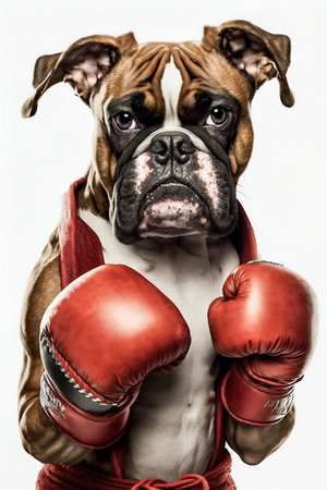 Dog Portrait Wearing Boxing Shirt and Red Gloves Isolated on White Background. Generative AI. high quality illustrationの素材