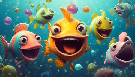 Happy Fishes at an Underwater Party. Generative AI. high quality illustrationの素材
