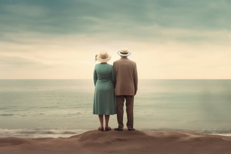 Elderly Couple Watching the Ocean on Beach Sand. Generative AI. high quality illustrationの素材