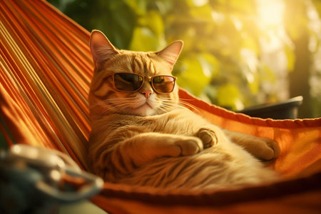 Cat with Sunglasses Relaxing on a Hammock. Generative AI. high quality illustrationの素材