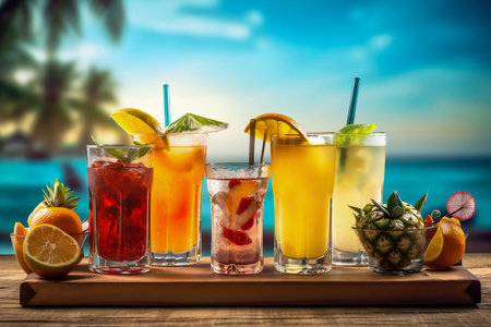 Tropical Drinks on Wooden Outdoor Beach Bar Menu. Generative AI. high quality illustrationの素材