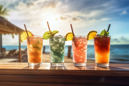Tropical Drinks on Wooden Outdoor Beach Bar Menu. Generative AI. high quality illustrationの素材