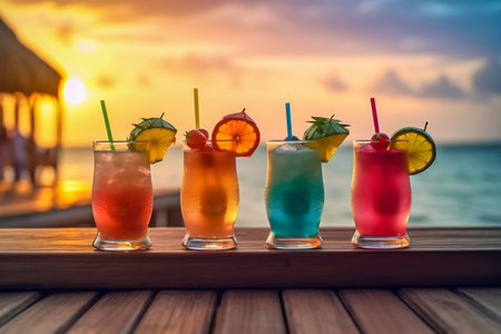 Tropical Drinks on Wooden Outdoor Beach Bar Menu. Generative AI. high quality illustrationの素材