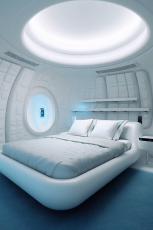 Futuristic Bedroom Decor with Large White Bed in Futuristic Room Interior. Generative AI. high quality illustrationの素材