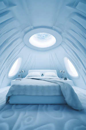 Futuristic Bedroom Decor with Large White Bed in Futuristic Room Interior. Generative AI. high quality illustrationの素材