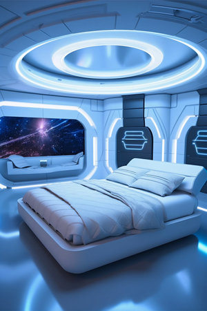 Futuristic Bedroom Decor with Large White Bed in Futuristic Room Interior. Generative AI. high quality illustrationの素材