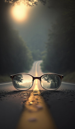 Road Leading to Source of Light behind Eyeglasses with Blurred Background. Generative AI. high quality illustrationの素材
