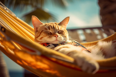 Cat with Sunglasses Relaxing on a Hammock. Generative AI. high quality illustrationの素材