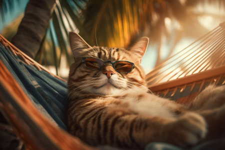 Cat with Sunglasses Relaxing on a Hammock. Generative AI. high quality illustrationの素材