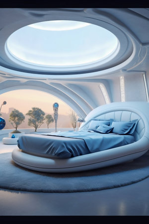 Futuristic Bedroom Decor with Large White Bed in Futuristic Room Interior. Generative AI. high quality illustrationの素材