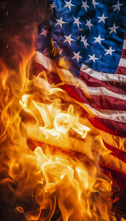 Burning American Flag with Fire Flames. Generative AI. high quality illustrationの素材