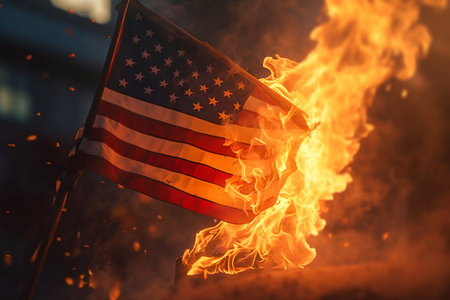 Burning American Flag with Fire Flames. Generative AI. high quality illustrationの素材
