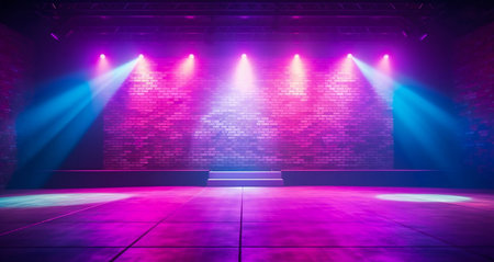 Black Stage Background with Blue Lights on Red Brick in Light Purple and Light Pink Colors. Generative AI. high quality illustrationの素材