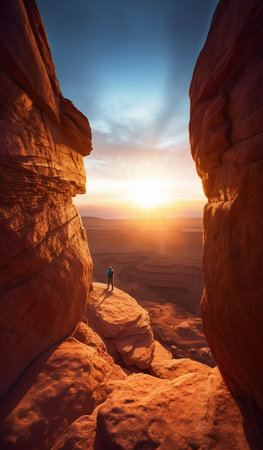 Lone Hiker Walking Precariously in Utah Canyonlands National Park at Sunset. Generative AI. high quality illustrationの素材