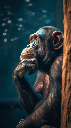 Chimpanzee Sitting Atop a Branch, Deep in Thought and Contemplation. Generative AI. high quality illustrationの素材