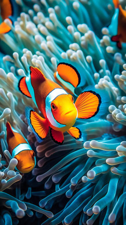 Clownfish Swimming Among the Vibrant Corals of a Tropical Reef. Generative AI. high quality illustrationの素材