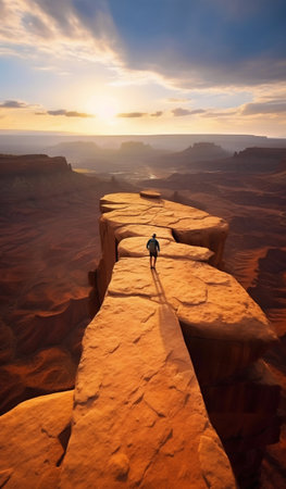 Lone Hiker Walking Precariously in Utah Canyonlands National Park at Sunset. Generative AI. high quality illustrationの素材