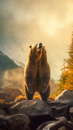 Kodiak Bear Standing Tall on its Hind Legs against the Backdrop of Rugged Alaskan Wilderness. Generative AI. high quality illustrationの素材