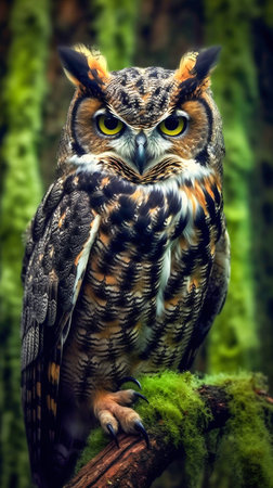 Great Horned Owl Perched on a Moss-covered Branch. Generative AI. high quality illustrationの素材