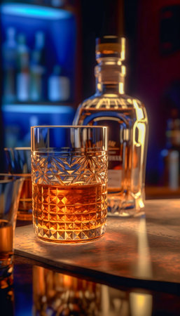 Bourbon in a Glass with Bottle on Table. Generative AI. high quality illustrationの素材
