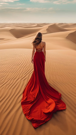 Woman Walking Through Sand Dunes in a Red Dress. Generative AI. high quality illustrationの素材