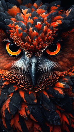 Close-Up of Owl Looking Forward in Dark, Black, and Red Tones. Generative AI. high quality illustrationの素材