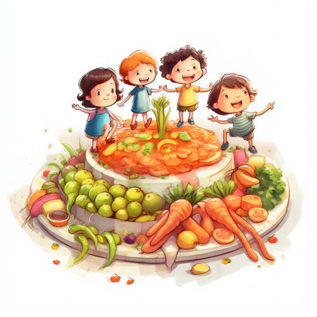 Funny Cartoon Kids Standing on a Large Vegetable Food Platter. Generative AI. high quality illustrationの素材
