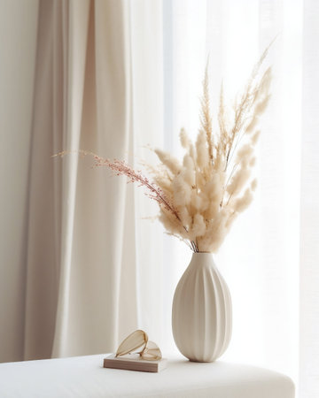 Cream White Vase with Dried Flowers on a White Table. Generative AI. high quality illustrationの素材