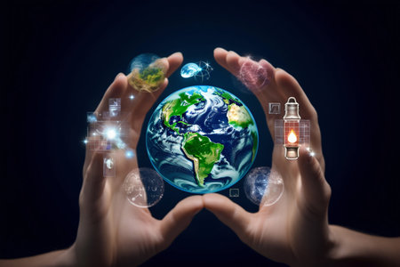 Hands Holding a Globe with Renewable Energy Icons. Generative AI. high quality illustrationの素材