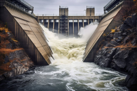 Hydroelectric Dam with Rushing Water Flowing. Generative AI. high quality illustrationの素材