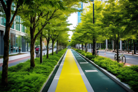 Sustainable City Street Infrastructure with Bike Lanes and Green Spaces. Generative AI. high quality illustrationの素材