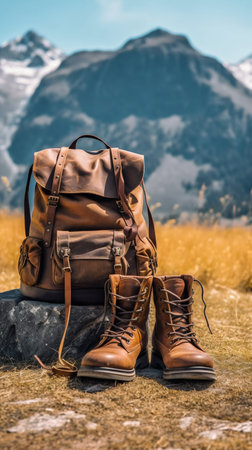 Hiking Boots Lying Next to a Backpack on a Mountain Trail Rock. Generative AI. high quality illustrationの素材