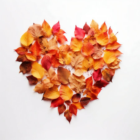 Heart Shaped Autumn Leaves on White Background. Generative AI. high quality illustrationの素材