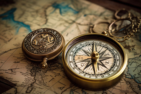 Vintage Compass Lying on an Old Map. Generative AI. high quality illustrationの素材