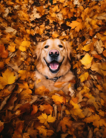Golden Retriever Dog Relaxing in Autumn Leaves. Generative AI. high quality illustrationの素材
