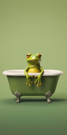 Little Green Froggy in Bathtub on Solid Background. Generative AI. high quality illustrationの素材