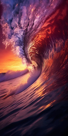 Closeup Look of Ocean Waves Tube in Dark Purple Sunset with Sun Inside Wave. Generative AI. high quality illustrationの素材